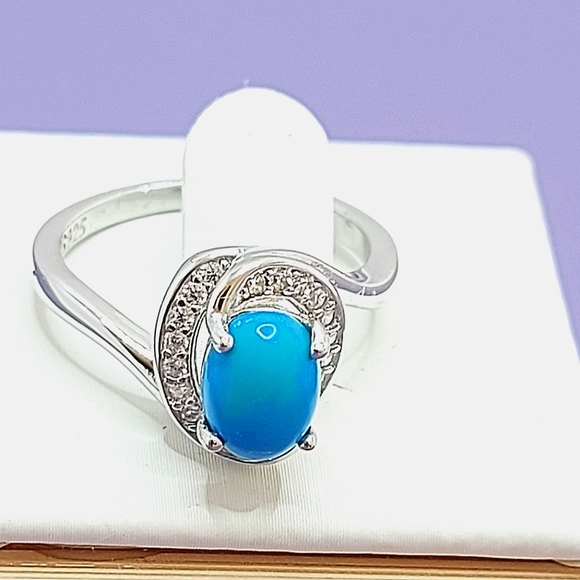 Natural Oval Blue Turquoise 8x6mm & Cz 925 Sterling Silver Ring Size 6 - Picture 9 of 10